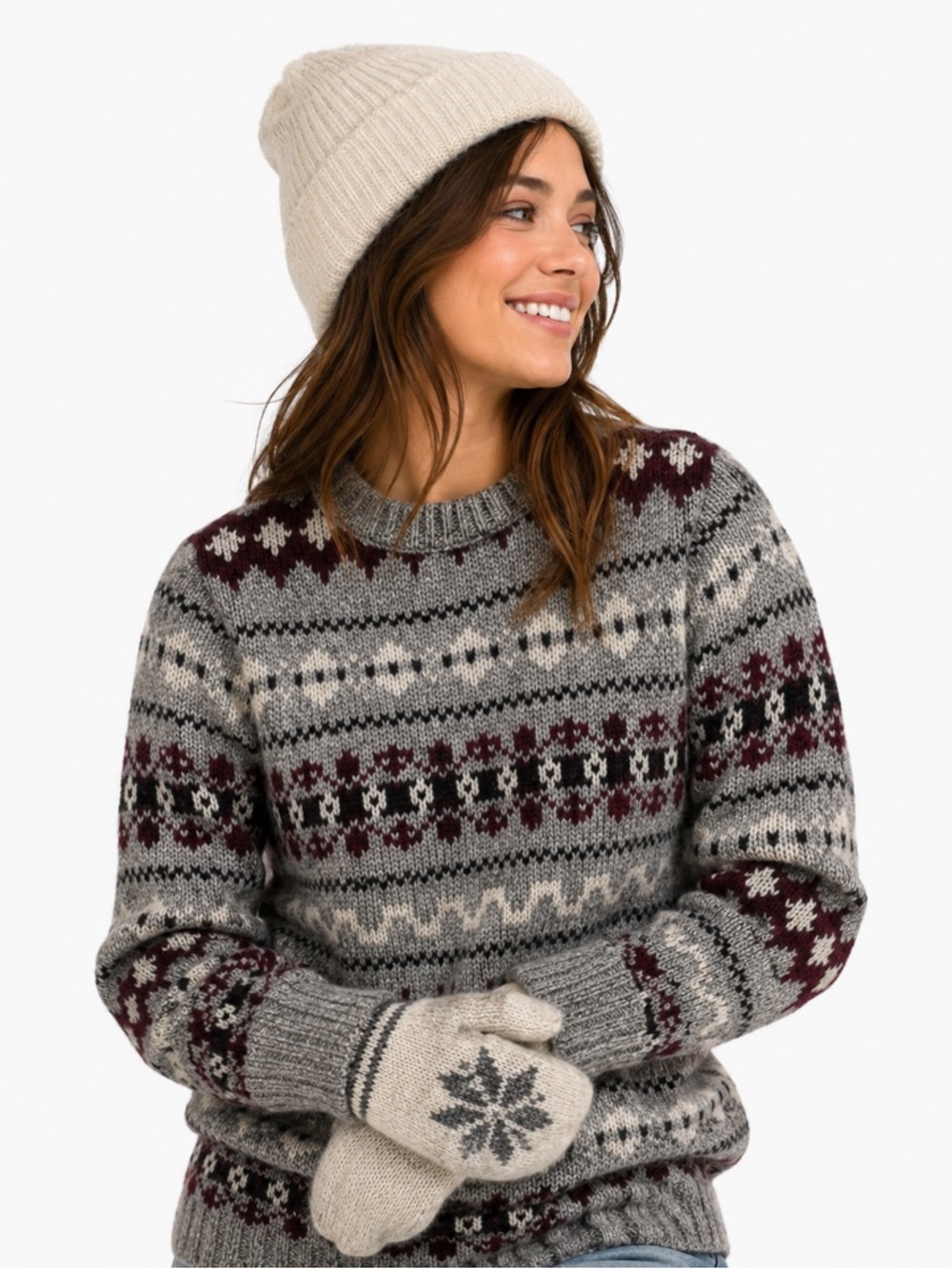 L.L.Bean Fair Isle Lambswool Sweater Grey Size S Crew Neck Mens